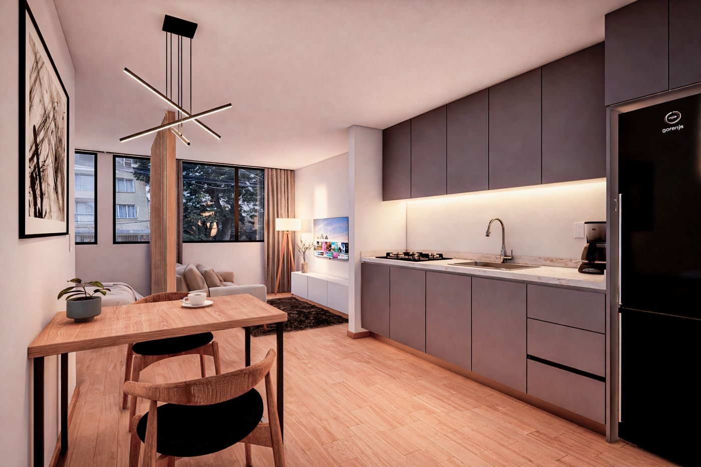 Render interior de un departamento de Adolfo Prieto 1254: cocina lineal con gabinetes grafito, comedor de madera y sala con ventanales a la calle